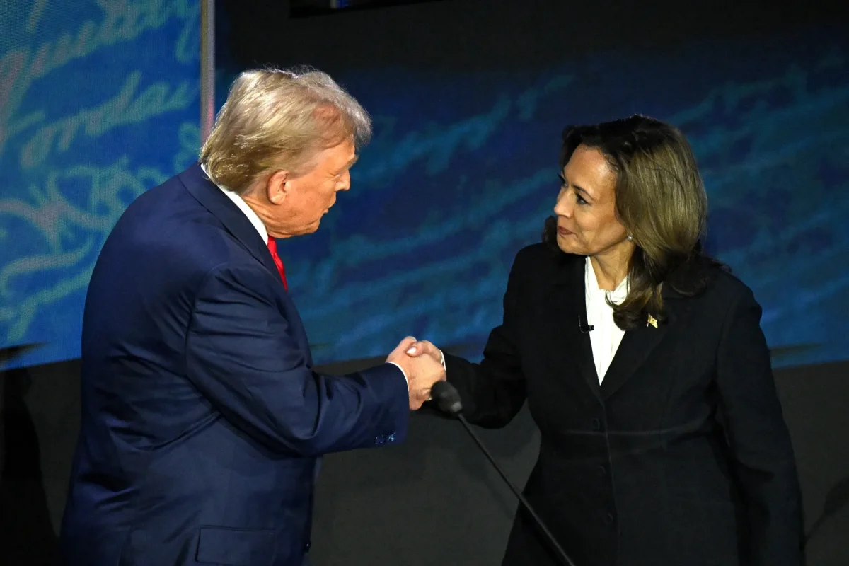 Kamala Harris and Donald Trump shake hands as the debate on September 11, 2024, begins.