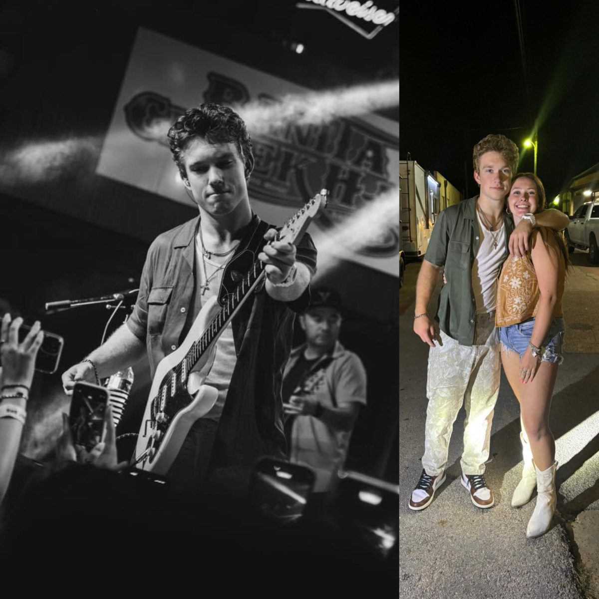 Ty Myers plays the guitar on stage at Banita Creek Hall, and Ty Myers takes a picture with Autumn Weatherford .
