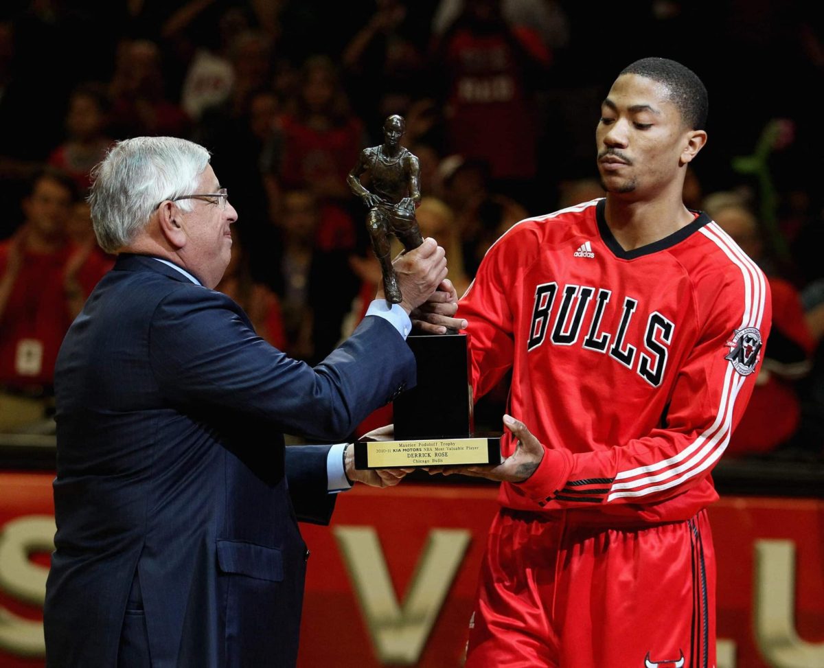 Derrick Rose receives the MVP trophy in  2011.