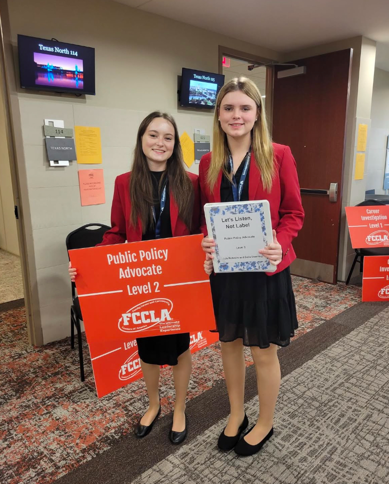 Sophomores Lyla Robinson and Bella Downing placed first at the FCCLA competition in Waco with their project encouraging a change to the Central Heights dress code.