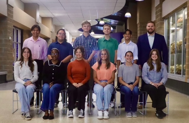 CHHS students receiving accolades  for their scores on the PSAT from College Board are the following:  front row, left to right senior Savannah Yates, senior Bolutife Odonuga, senior Sydni French, senior Scarlett Penney, junior Micah Hayman, and senior Calla Rudolph. Back row from left to right: senior Chris Perez, senior Ryan Moore, senior Caleb Bowie, junior Ben Poston. Also pictured is principal Stephen Cox.