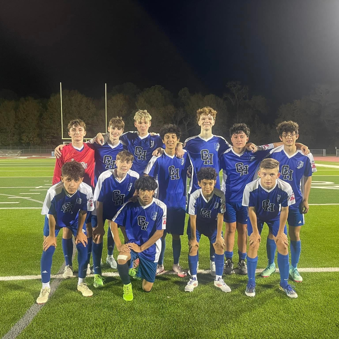 Last year's CH soccer players pose after a game at the Nacogdoches Soccer fields. Front row from left: sophomores Marcos Rivera and Cruz Ivey, junior Valentin Garcia, eighth grader Gian Carlos, and freshman Andrew Bird. Back row from left: sophomores Wesley Alley, Mason Niuman, and Jake Denson, senior Ivan Venegas, sophomores Ethan Davis and Victor Romero, and freshman David Hayman

