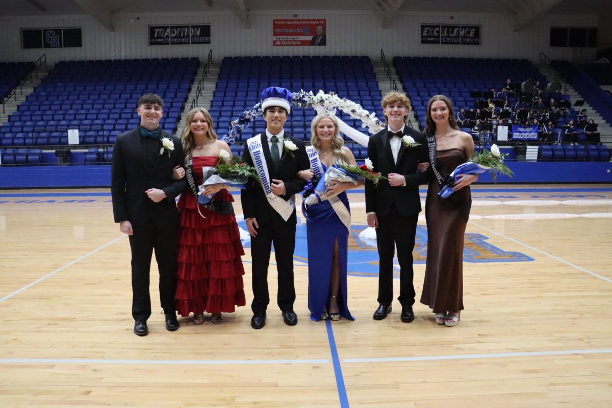 The 2025 Homecoming Court winners being announced at last year's homecoming ceremony. From left to right: second-runners up Luke Williamson and Marley Moody; Homecoming King Jeffrey Zheng and Queen Emory Muckleroy; and frst runners up Connor Dillon and Adeline Catron.