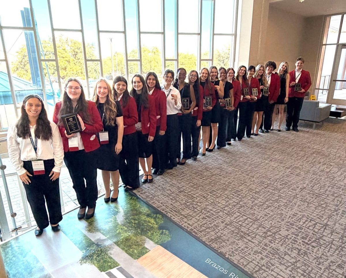 FCCLA members competed at regionals first. Fifteen advanced to the state competition. From left to right: Olivia Padilla, Madelyn Jeanfavor, Nikki Jacks, Layla Soto, Lyla Robison, Jazlyn Gallegos, Sydney French, Bolu Odonuga, Sandra Le, Kate Sparks, Meila Splann, Destinee Chapman, Alexis Wilson, Zoe Williamson, Presley Ngo, Bella Downing, Eden Bey, Savannah Allums, McCray Moody 
