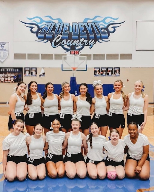 Cheer team poses at cheer tryouts. Pictured from left to right: Sophia Valdez, Abigail Walston, Railey Whatley, Cambrie Allen, Alaina Cordova, Layton Vardeman, Grace Flynt, Callie Hay, Natalie Smilor, Olivia Bird, Brynli McCarthy, Olivia Randle, Emily Conley, Kamryn Rodrigues, Paisley Lewis

