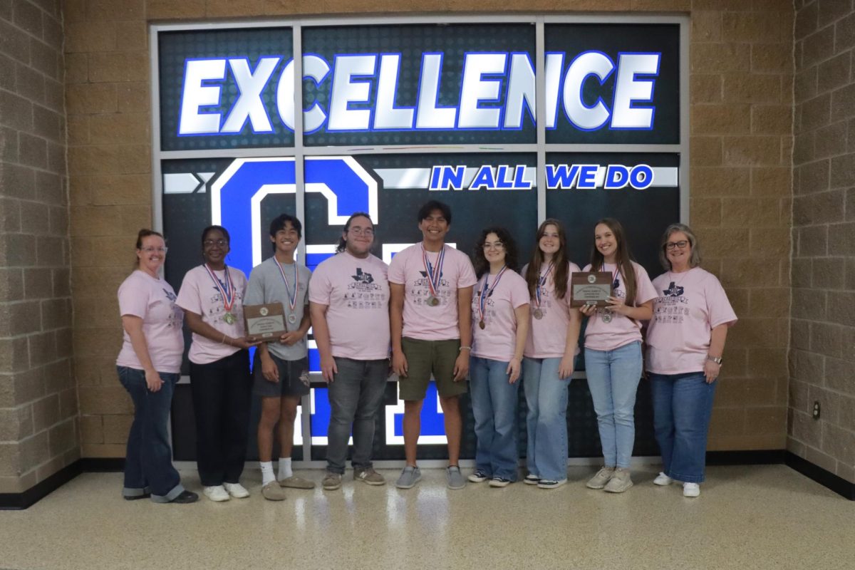 Academic UIL medalists showcase their awards from the regional meet at Blinn College in Brenham, Texas. From left, Dr. Michaelle Coker, science coach, seniors Bolu Odunuga, Troy Manto, Ryan Moore, and Chris Perez earned second place team award in science; Ryan Moore also earned a gold medal in Ready Writing and is a state qualifier; senior Sydney French earned fifth place medals in News and Feature Writing; senior Calla Rudoph earned a 2nd place medal in Copy Editing and is a state qualifier; junior Kate Sparks earned second place in Headline writing and is a state qualifier, as well as a fourth place medal in Editorial Writing; and UIL journalism and Ready Writing coach Tracie Sullivan. Journalism competitors earned the runners-up plaque for Top Journalism Team in the region. The state meet will be May 18-19 at the University of Texas, in Austin. 
