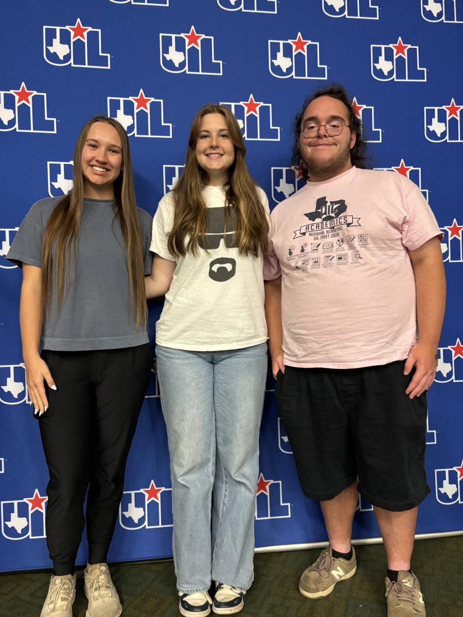 From left: Junior Kate Sparks earned sixth place in Headline Writing at the state academic meet at the University of Texas in Austin, and senior Calla Rudolph earned third place in Copy Editing. Senior Ryan Moore competed in Ready Writing. 